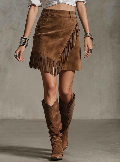 Women's Retro Western Suede Skirt - Tassel Bodycon Mini Skirt