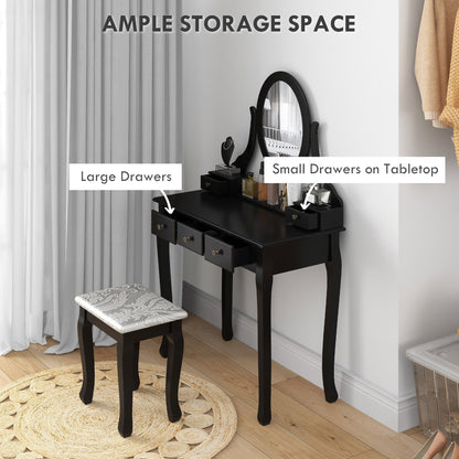 Coiffeuse Emma avec tabouret rembourré et miroir ovale rotatif à 360°-Noir