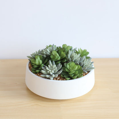 Composition de succulentes artificielles Eva dans un pot bas blanc