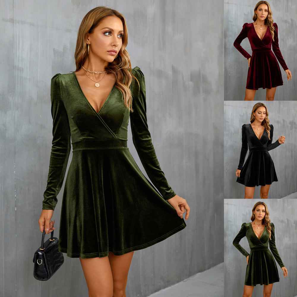 V-Neck High-Waist A-Line Velvet Dress – Long Sleeve Elegant Mini Dress for Women