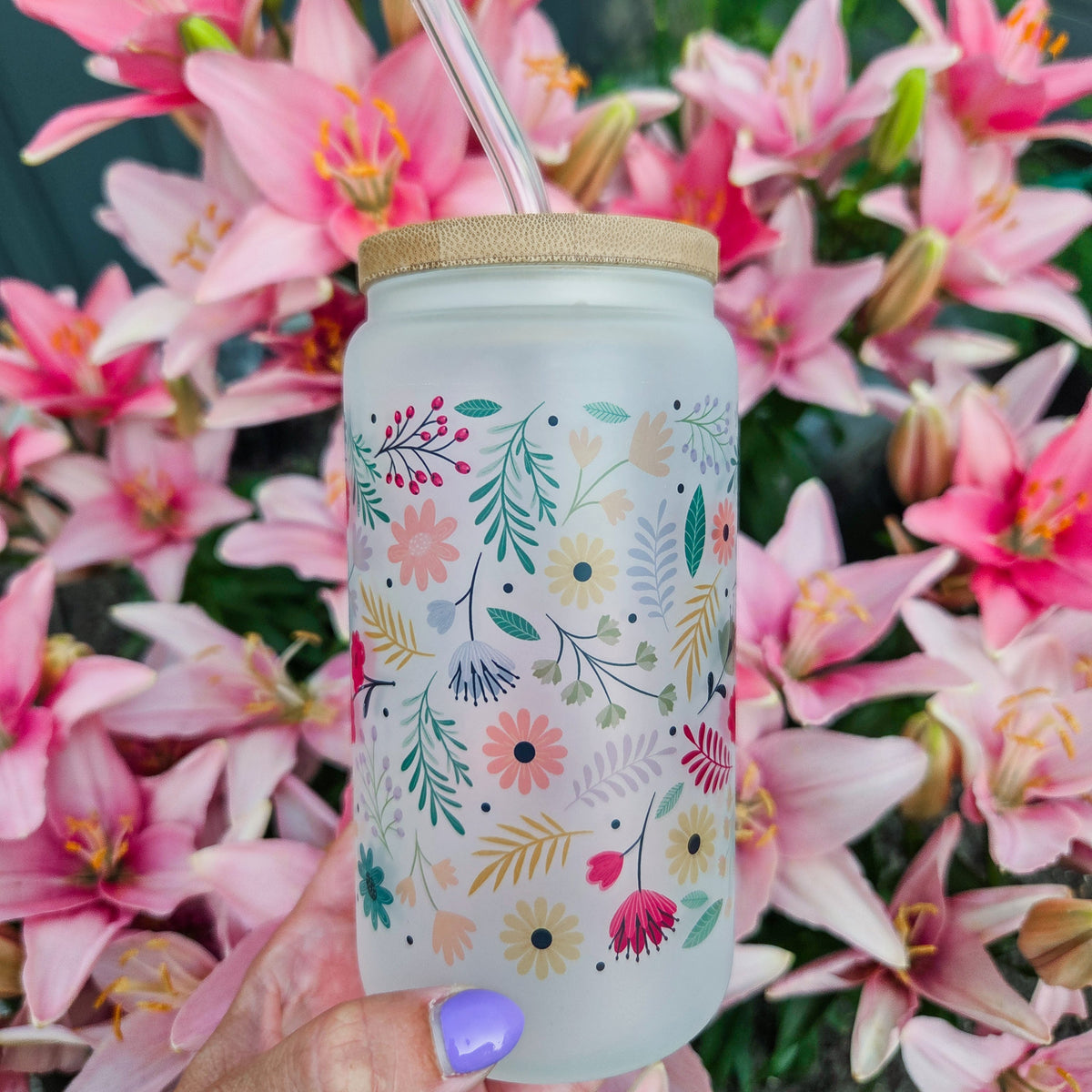 Gobelet givré Fleurs Ambiance Printanière avec Couvercle en Bambou