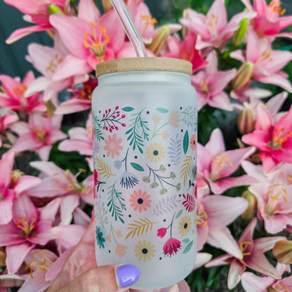 Gobelet givré Fleurs Ambiance Printanière avec Couvercle en Bambou