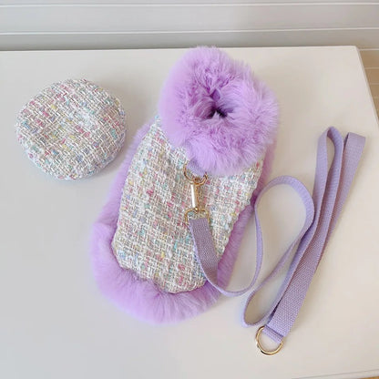 Ensemble harnais et laisse Lilas | Ensemble harnais et chapeau à carreaux pour chien