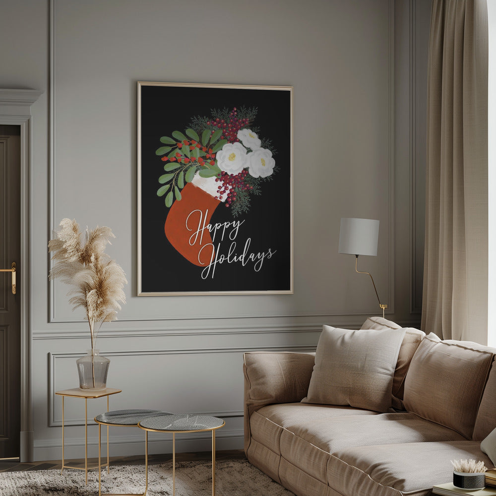 Tableau mural Chaussette florale Joyeuses fêtes sur toile noire