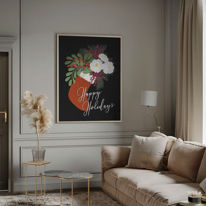 Tableau mural Chaussette florale Joyeuses fêtes sur toile noire
