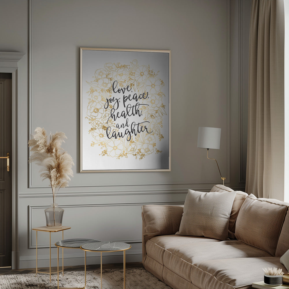 Tableau mural Vœux de fêtes avec fleurs dorées sur toile
