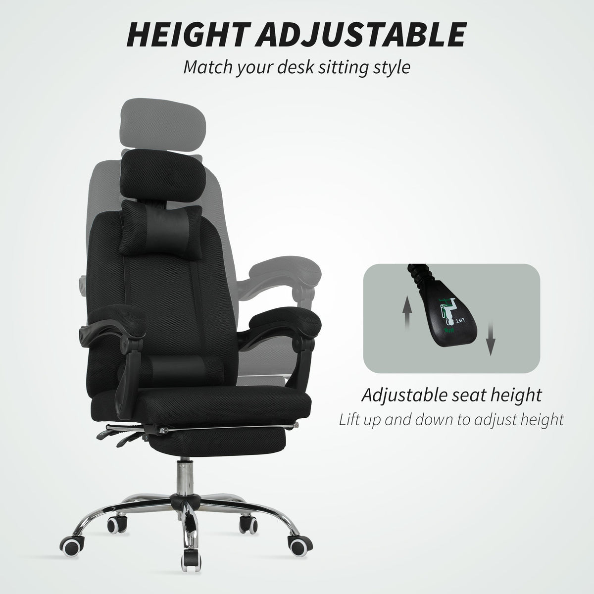 Chaise de bureau de direction ergonomique Brady à dossier haut avec repose-pieds et soutien lombaire - Noir