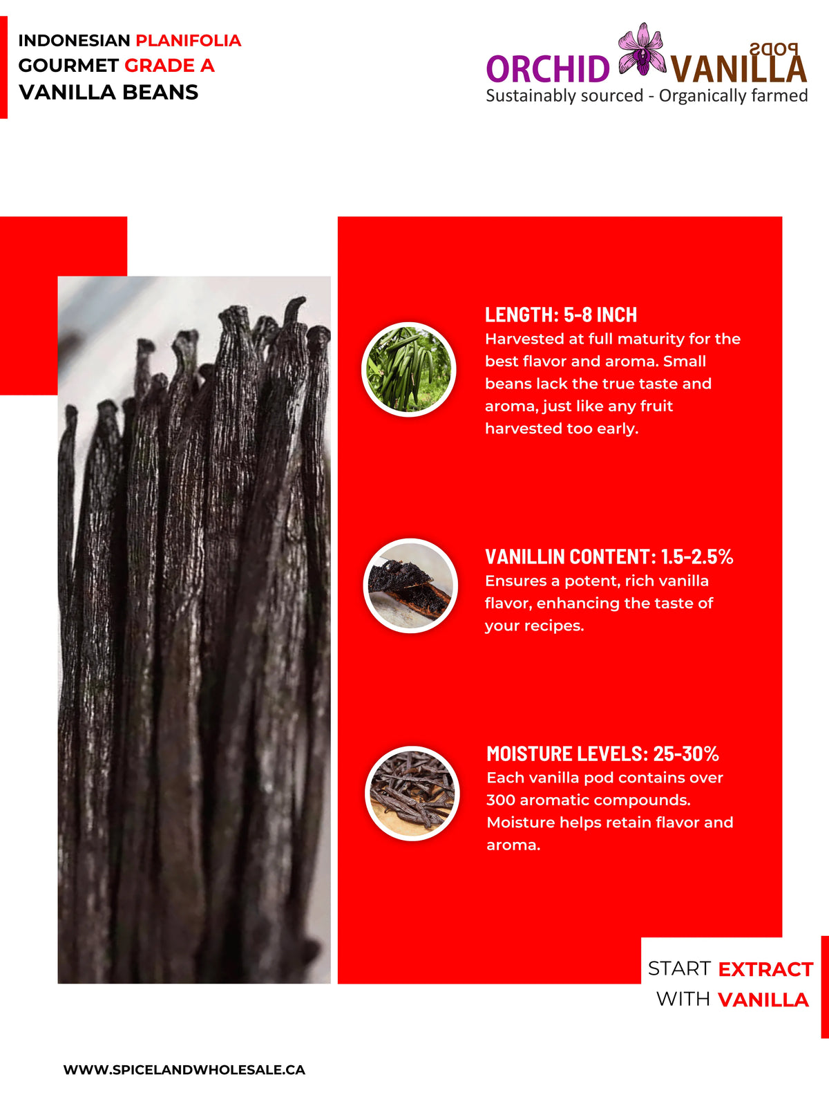 Indonesian Vanilla (Sumatra) Planifolia Gourmet Grade-A Beans<br>For Extract And Baking<BR>By Ounce