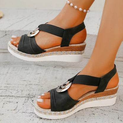 Plus Size Women's Metal Buckle Decorative Hemp Rope Wedge Light Bottom Peep Toe Sandals
