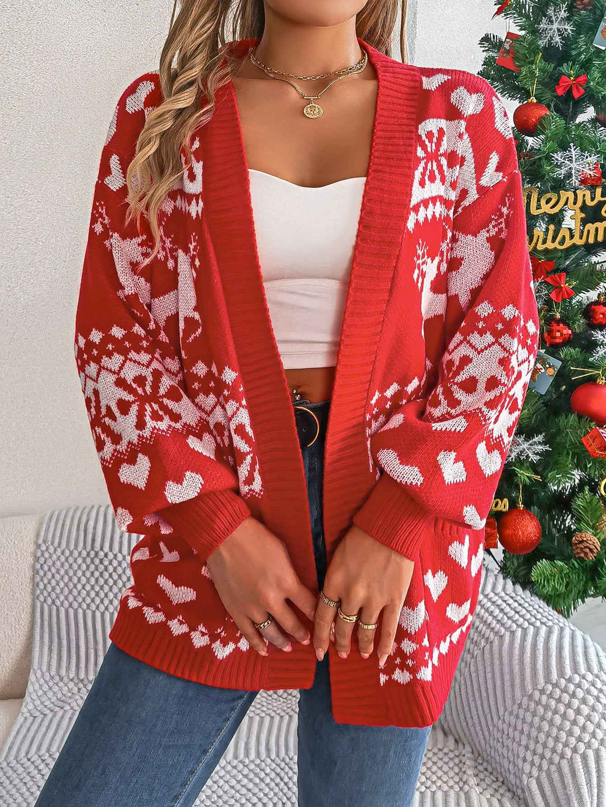 Women's Christmas Deer Cardigan – Oversized Knit Sweater with Pockets for Winter