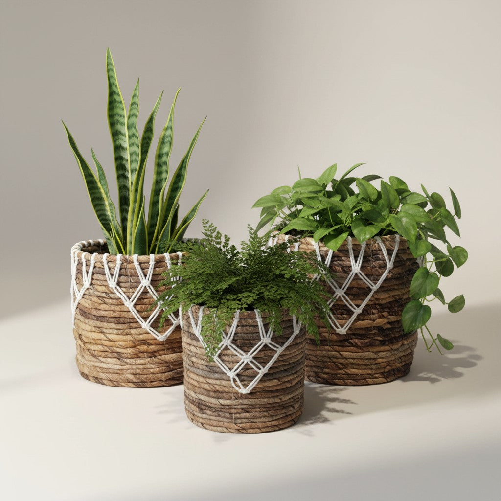 Panier de jardinière Apex en feuille de bananier et macramé