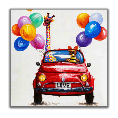 Fun Fun Fun Colourful Car & Animals Canvas Wall Art | 36 × 36 inches
