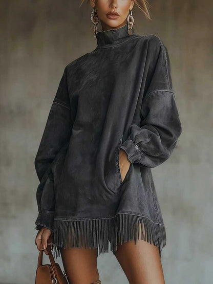 Women's Loose Tassel Suede Dress - Long Sleeve Pocket Dress