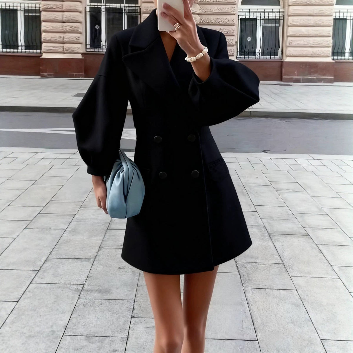 Women’s Retro Wool Coat – Puff Sleeve Double-Breasted Jacket with Large Lapel