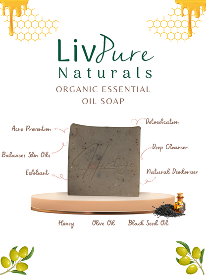 Savon à l'huile d'olive au cumin noir et au miel Heritage | Barre nettoyante visage et corps détoxifiante et nourrissante | Savon bio en barre