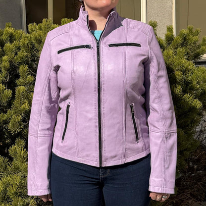 Veste Classique Femme en Cuir d'Agneau. Col Rond clouté, 4 Poches zippées et Surpiqûres Décoratives aux Épaules