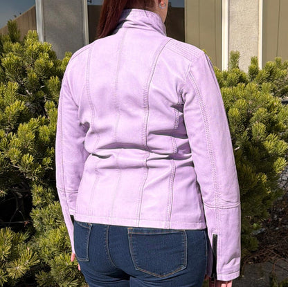 Veste Classique Femme en Cuir d'Agneau. Col Rond clouté, 4 Poches zippées et Surpiqûres Décoratives aux Épaules
