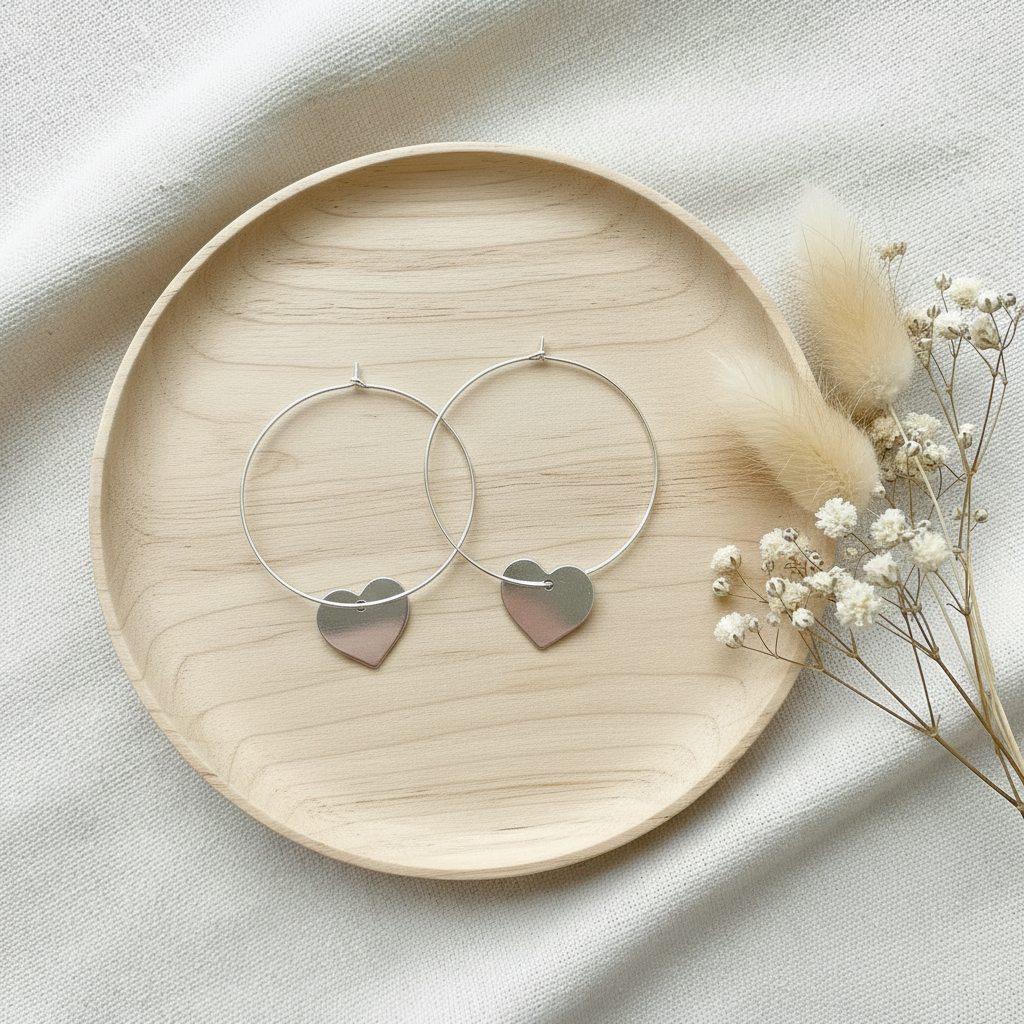 Silver Plate Heart On Hoop Earrings
