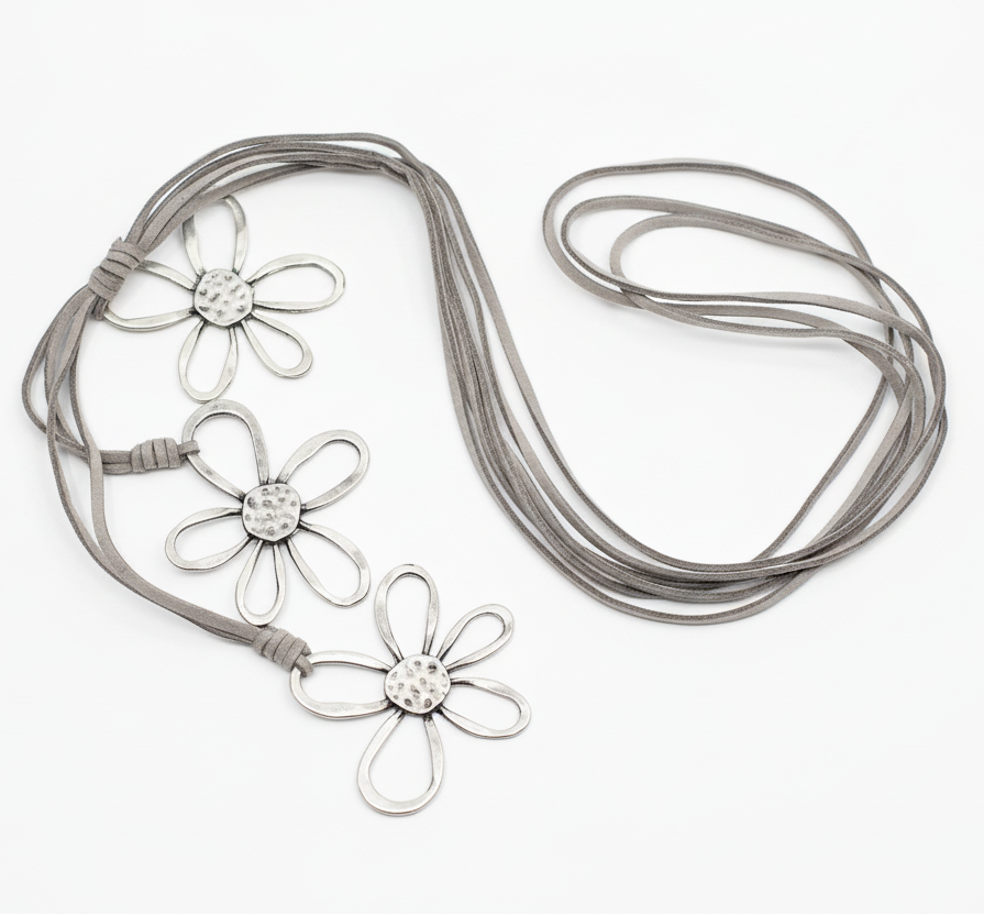 Silver Plate Triple Flower Necklace on Suede
