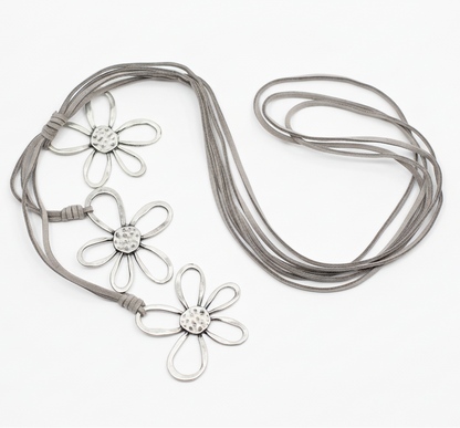 Silver Plate Triple Flower Necklace on Suede