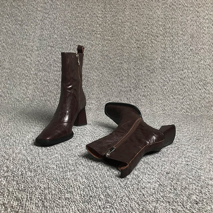 Women's Square Toe Chunky Heel Ankle Boots – European Style PU Fashion Boots