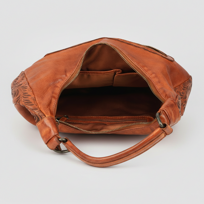 MET Premium Leather Shoulder Bag. Elegant Hobo Bag with Laser-Engraved Floral Leaf Panels