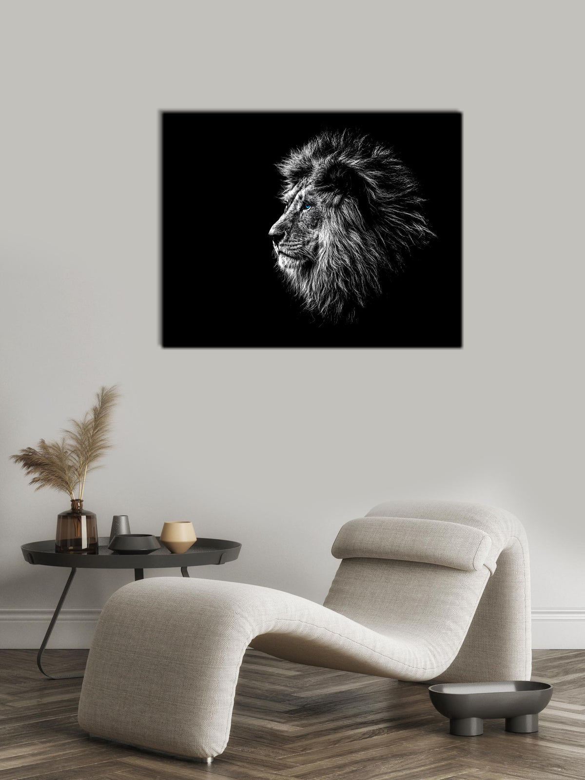Toile d'Art Faune Sauvage - Tête de Lion Œil Bleu en Noir et Blanc - Vernis argenté