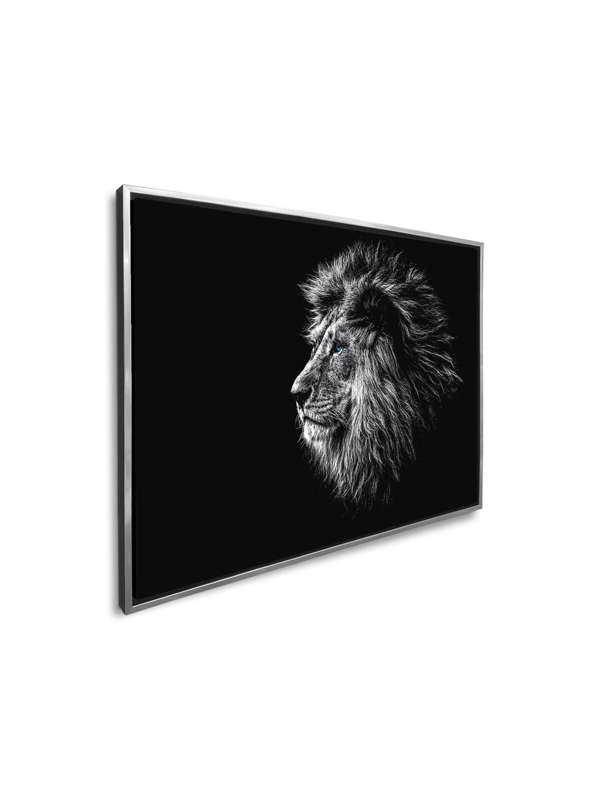 Toile d'Art Faune Sauvage - Tête de Lion Œil Bleu en Noir et Blanc - Vernis argenté