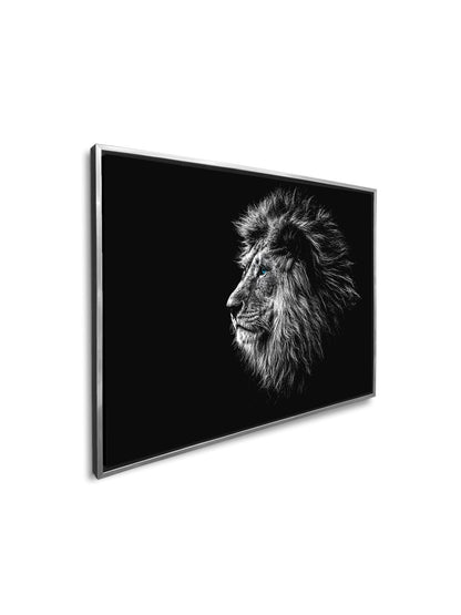 Toile d'Art Faune Sauvage - Tête de Lion Œil Bleu en Noir et Blanc - Vernis argenté