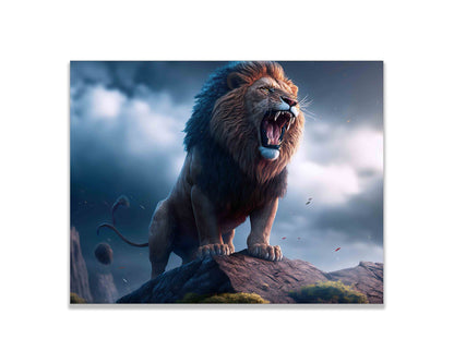 Toile d'art animalier - Le Lion et la Tempête - Vernis or - Impressions nature. #4836-148