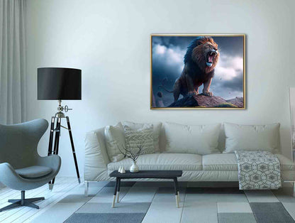Toile d'art animalier - Le Lion et la Tempête - Vernis or - Impressions nature. #4836-148
