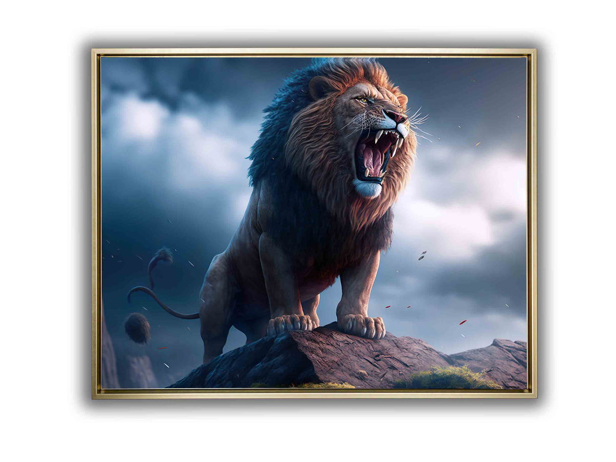 Toile d'art animalier - Le Lion et la Tempête - Vernis or - Impressions nature. #4836-148