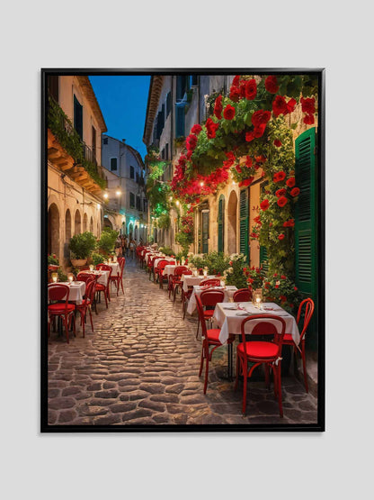 Italian Cafe Canvas Wall Art | Colourful Evening Street | 35 × 47 inches
