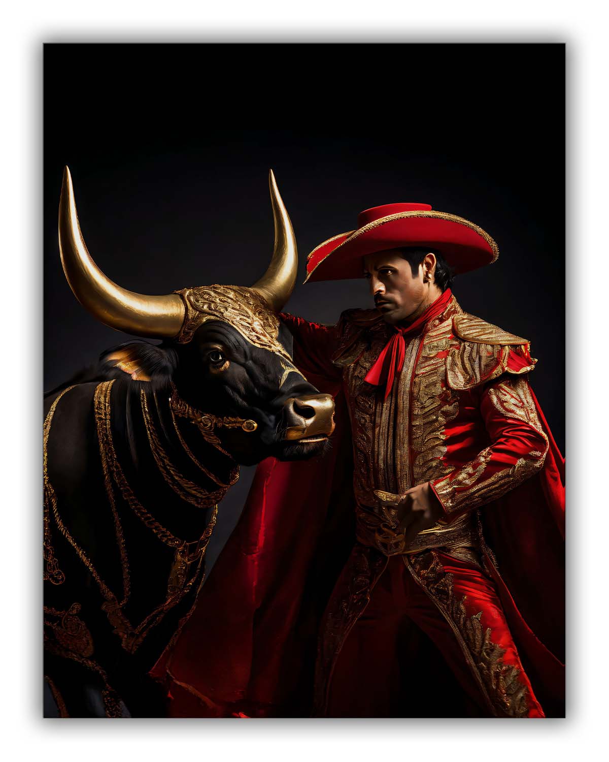 Bullfighter & Bull Canvas Wall Art | Red and Gold | 35 × 47 inches