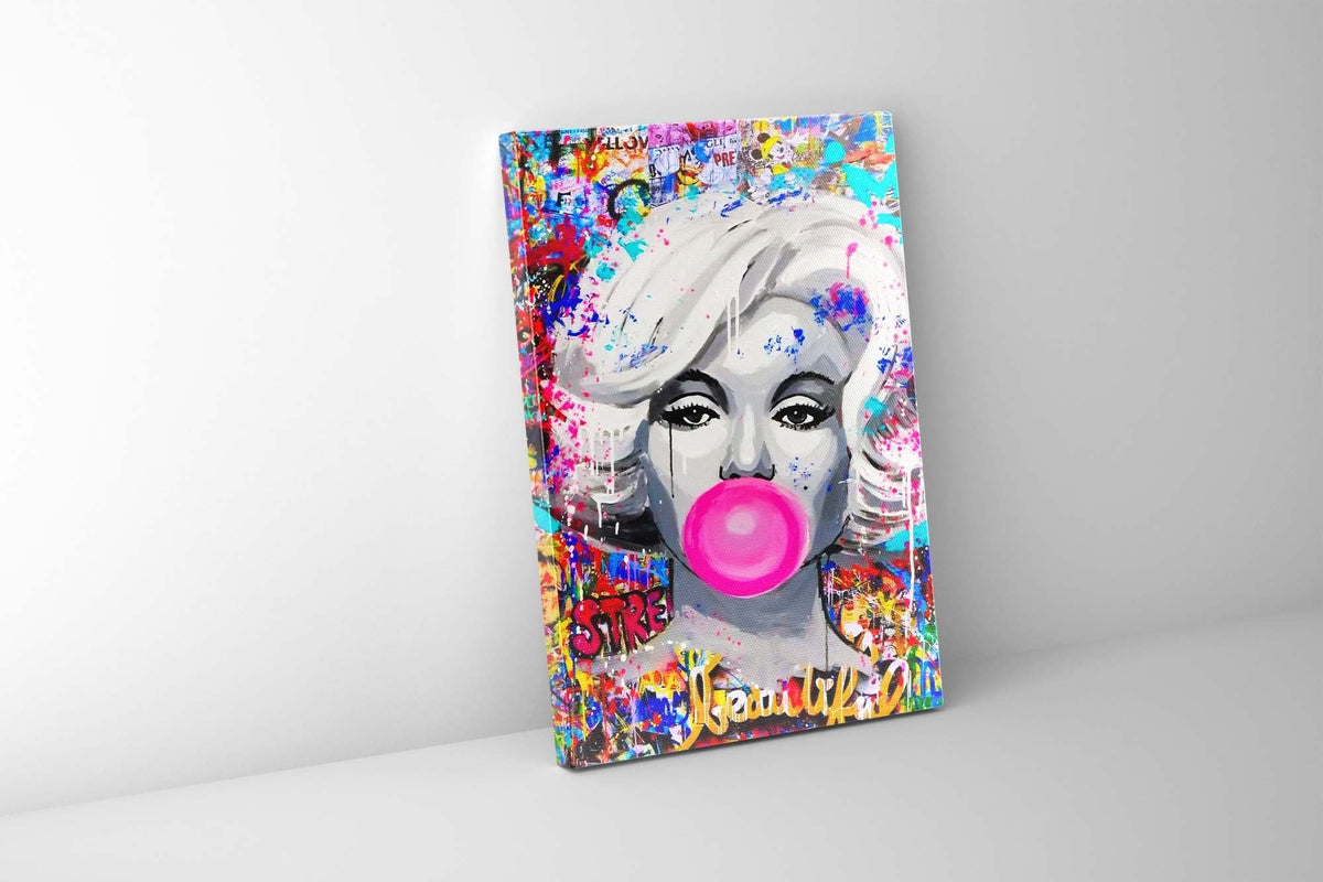 Marilyn Monroe Graffiti Canvas Wall Art | Pink Bubblegum | 35 × 47 inches