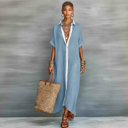 Women’s Summer Short-Sleeve Shirt Dress – Lapel Collar Button-Front Maxi Dress
