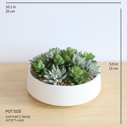 Composition de succulentes artificielles Eva dans un pot bas blanc