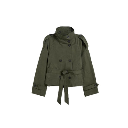 Women’s Retro Double-Breasted Trench Coat – Lapel Collar Long-Sleeve Lace-Up Short Jacket