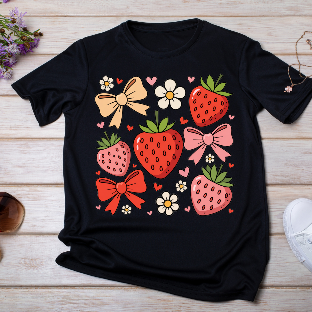 TRANSFERT DTF UV/DTF motif Fraises et Nœuds