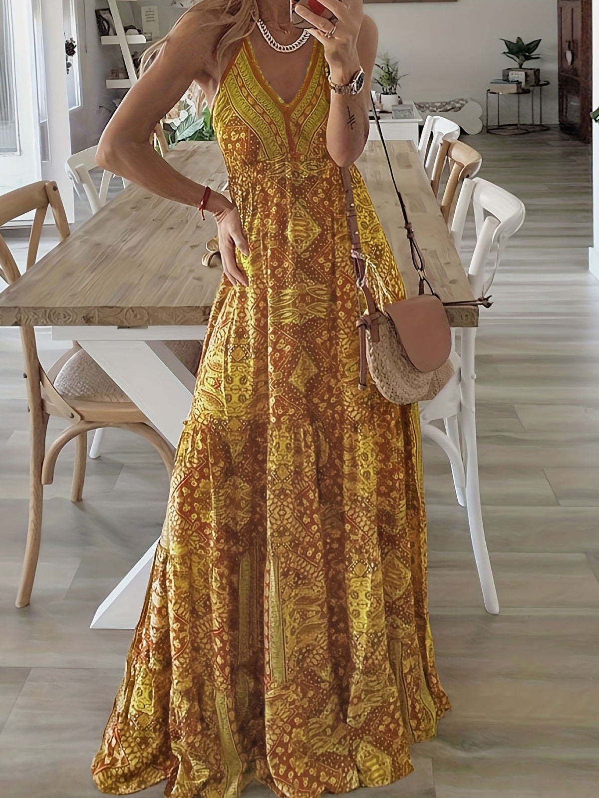 Women's Summer Boho Floral Print High-Waist V-Neck Spaghetti Strap Loose Maxi Dress