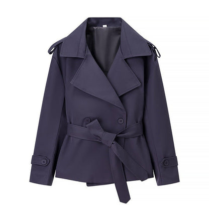 Women’s Solid Color Belted Short Trench Coat – European Style Cropped Jacket with Waist Tie