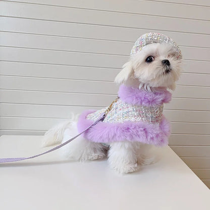 Ensemble harnais et laisse Lilas | Ensemble harnais et chapeau à carreaux pour chien