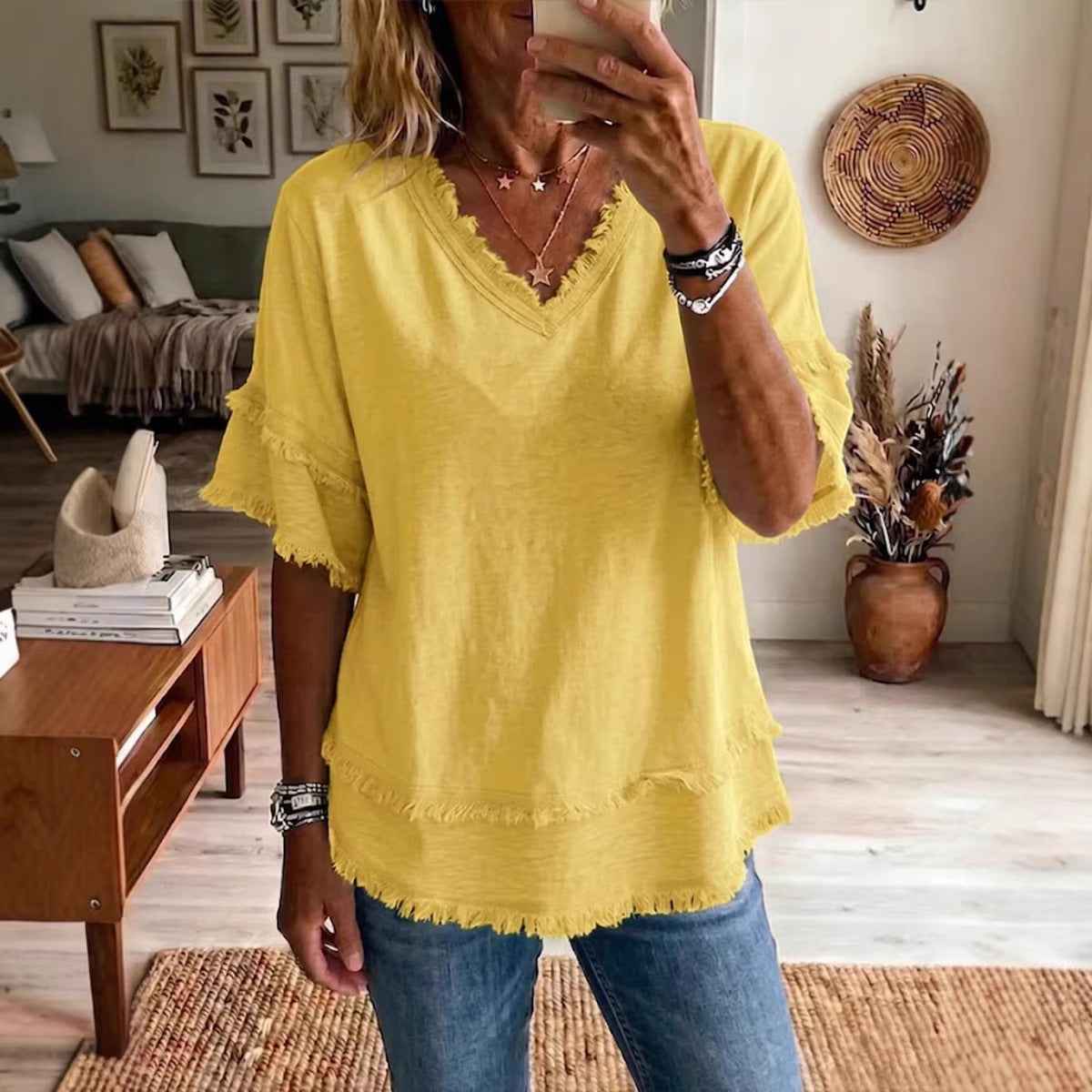 Casual Women's Shirt V-Neck Short Sleeve Loose Fit Pure Color Summer Fashion Trend Pullover Tops For Daily Wear