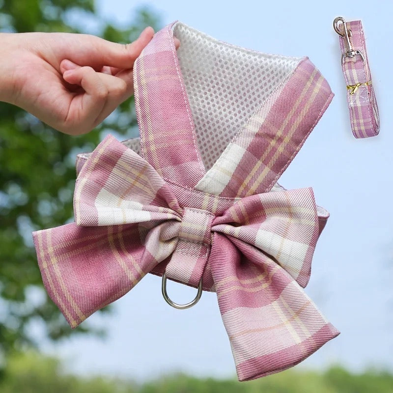 Ensemble Harnais et Laisse pour Chien avec Nœud Papillon Écossais | Tenue de Promenade pour Chien