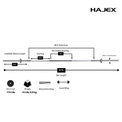 HAJEX Olympic and Standard Barbell Bars 4Ft, 5Ft, 6Ft and 7Ft