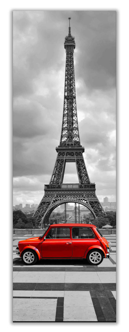 Eiffel Tower & Red Car Canvas Wall Art | Black and White Paris | 24 × 72 inches