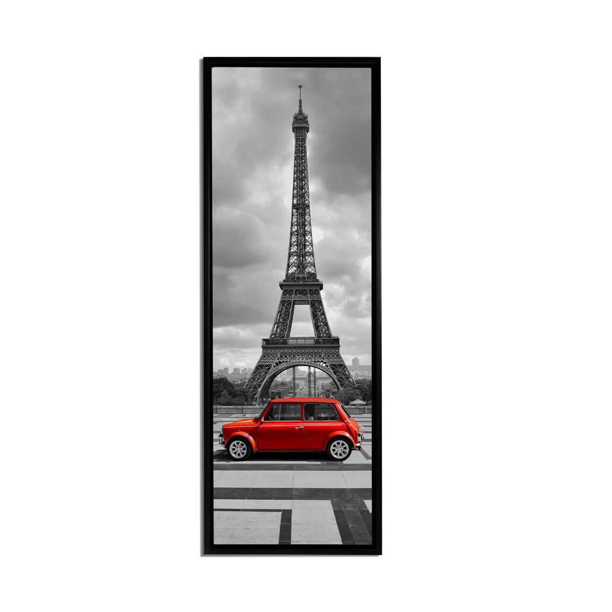 Eiffel Tower & Red Car Canvas Wall Art | Black and White Paris | 24 × 72 inches