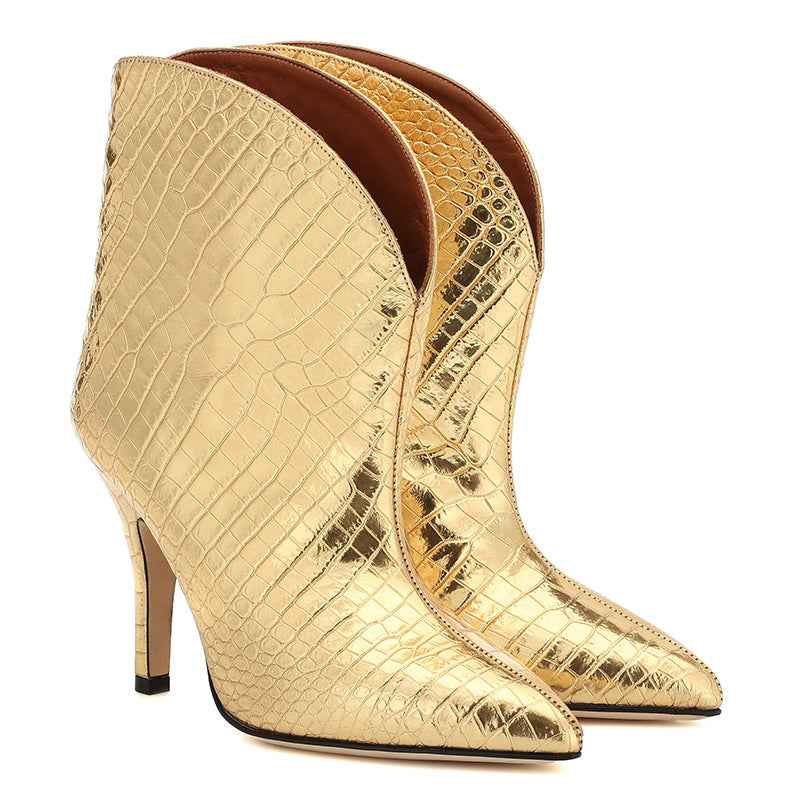 Women's Patent Leather Stiletto Ankle Boots – Pointed Toe Stone Pattern Fashion Boots