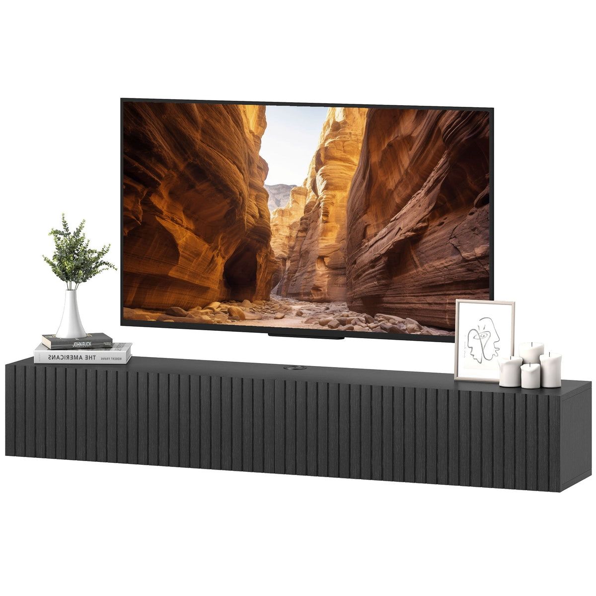 Jesse 55" Floating TV Stand with 2 Fluted Flip-Down Doors for TVs up to 72"-Black