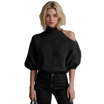 Women’s Off-Shoulder Knit Sweater – Half-Neck Autumn Winter Pullover with Exposed Shoulder Detail